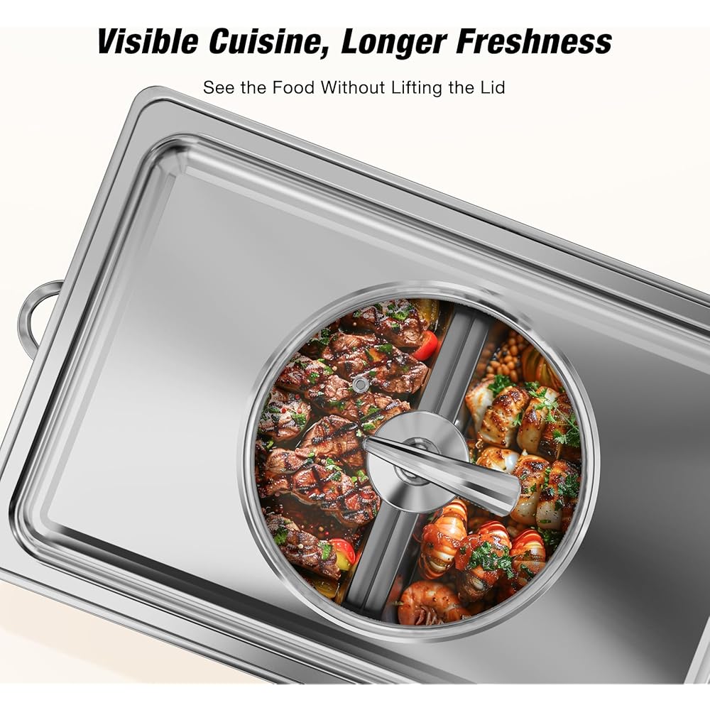 WARMOUNTS Chafing Dishes for Buffet with Glass Lid (9QT, 4Pack) - Food-Grade Stainless Steel, Rolled Edge Design, Foldable Frame, Lid Holder, Buffet Servers and Warmers Parties, Catering, Weddings: Home & Kitchen