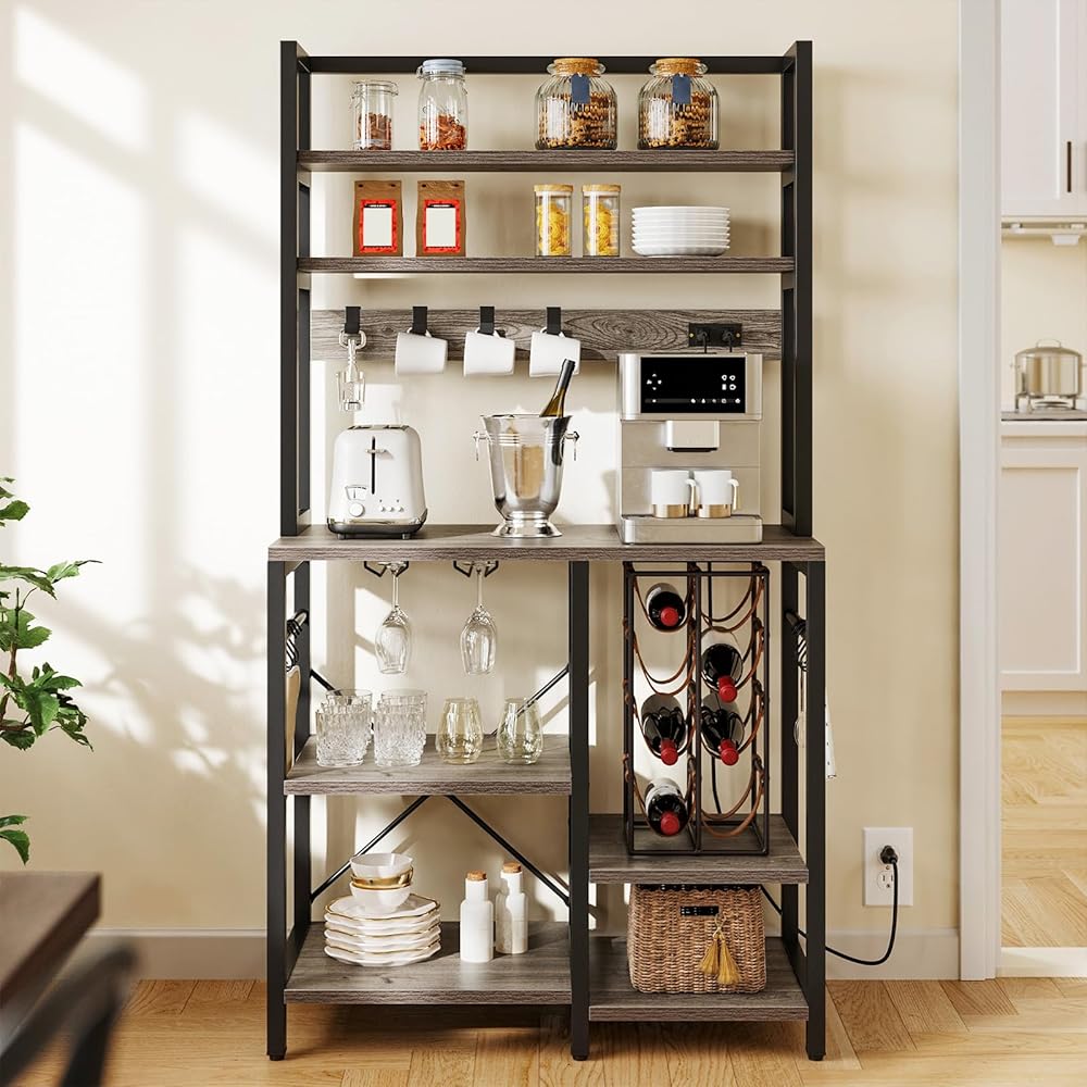 YITAHOME Coffee Bar w Power Outlet, Small Kitchen Microwave Stand Bakers Rack, Freestanding Appliance Storage Shelves 6 Tier w Hooks & Cup Glass Holder 31.5
