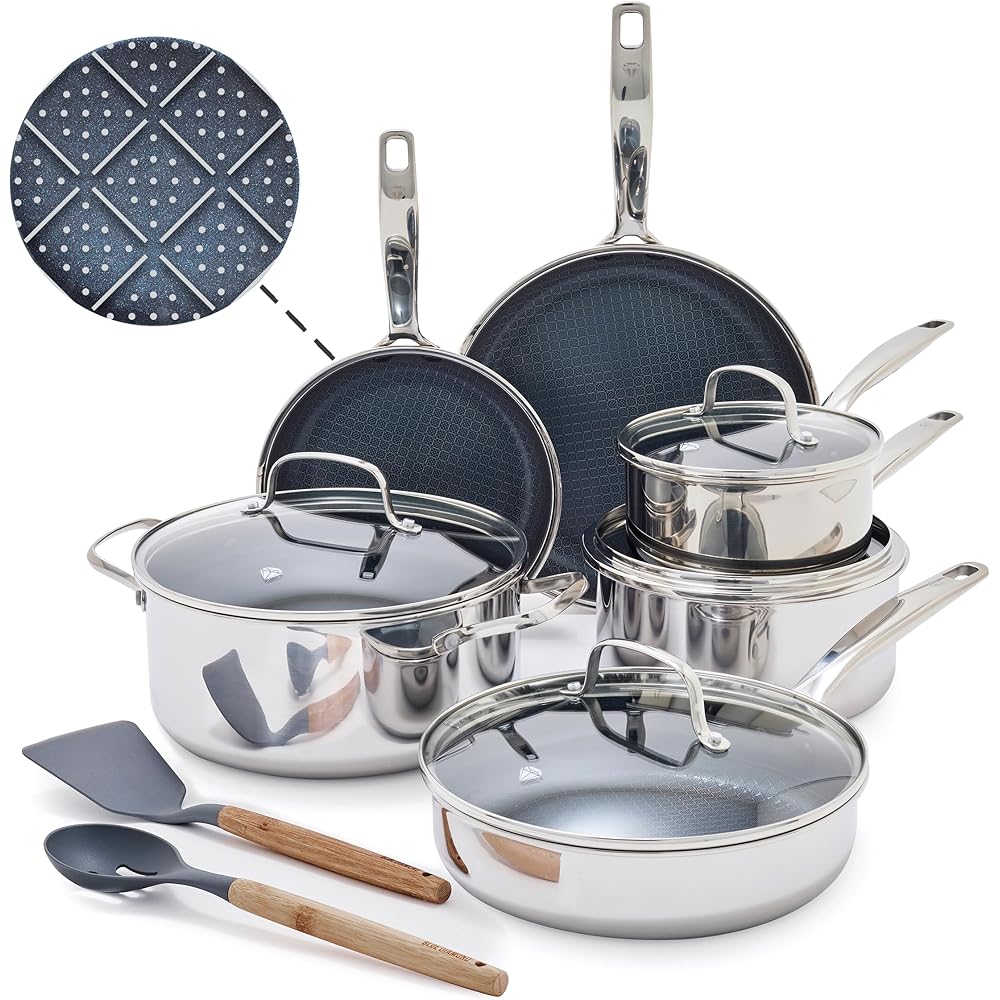 Blue Diamond Hybrid Nonstick Stainless Steel 12 Piece Cookware Set, Tri-Ply PFAS-Free Ceramic Diamond Bond Pots & Pans, Dishwasher & Oven Safe to 850F, Induction Ready, Metal Utensil Safe, Silver: Home & Kitchen