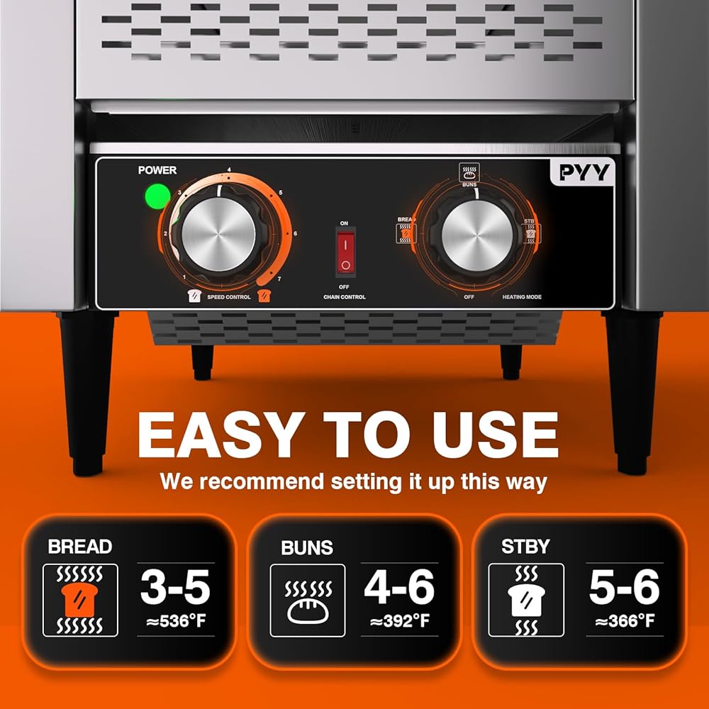 PYY Commercial Conveyor Toaster - 300 Slices/Hour Restaurant Conveyor Toaster for Bun Bagel Bread, Heavy Duty Stainless Steel 1900W, 110V