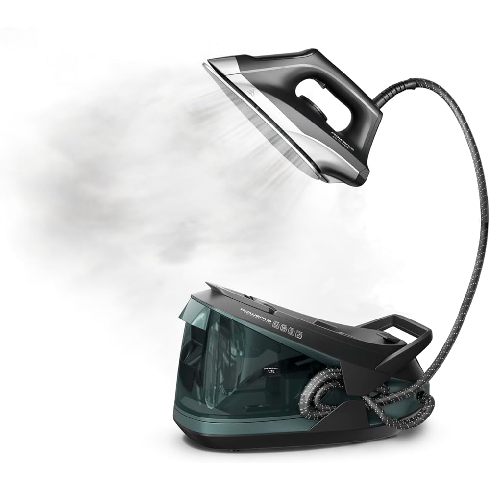 Rowenta Iron Steamer for Clothes, Master Steam Station, Professional Steam Iron For Clothes with Stainless Steel Soleplate 57 oz, 400 microsteam holes, Built-In Pump, 1750 watts, Black Green, VR8338