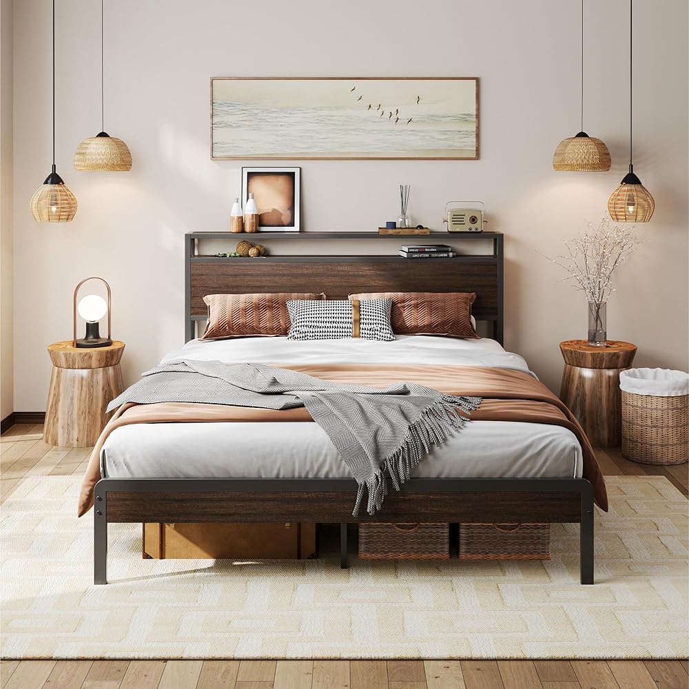 LIKIMIO Queen Bed Frame with Headboard, Dark Wood Camas Queen with Strong Supports, Sturdy, Noise-Free, No Box Spring Needed, Dark Brown : Home & Kitchen
