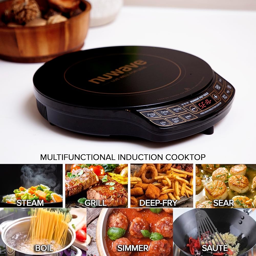 Nuwave Precision Induction Cooktop Gold, 12” Shatter-Proof Ceramic Glass Surface, Large 8” Heating Coil, Portable, 51Temp Settings 100°F to 575°F, 3 Wattage Settings 600, 900, and 1500 Watts: Home & Kitchen
