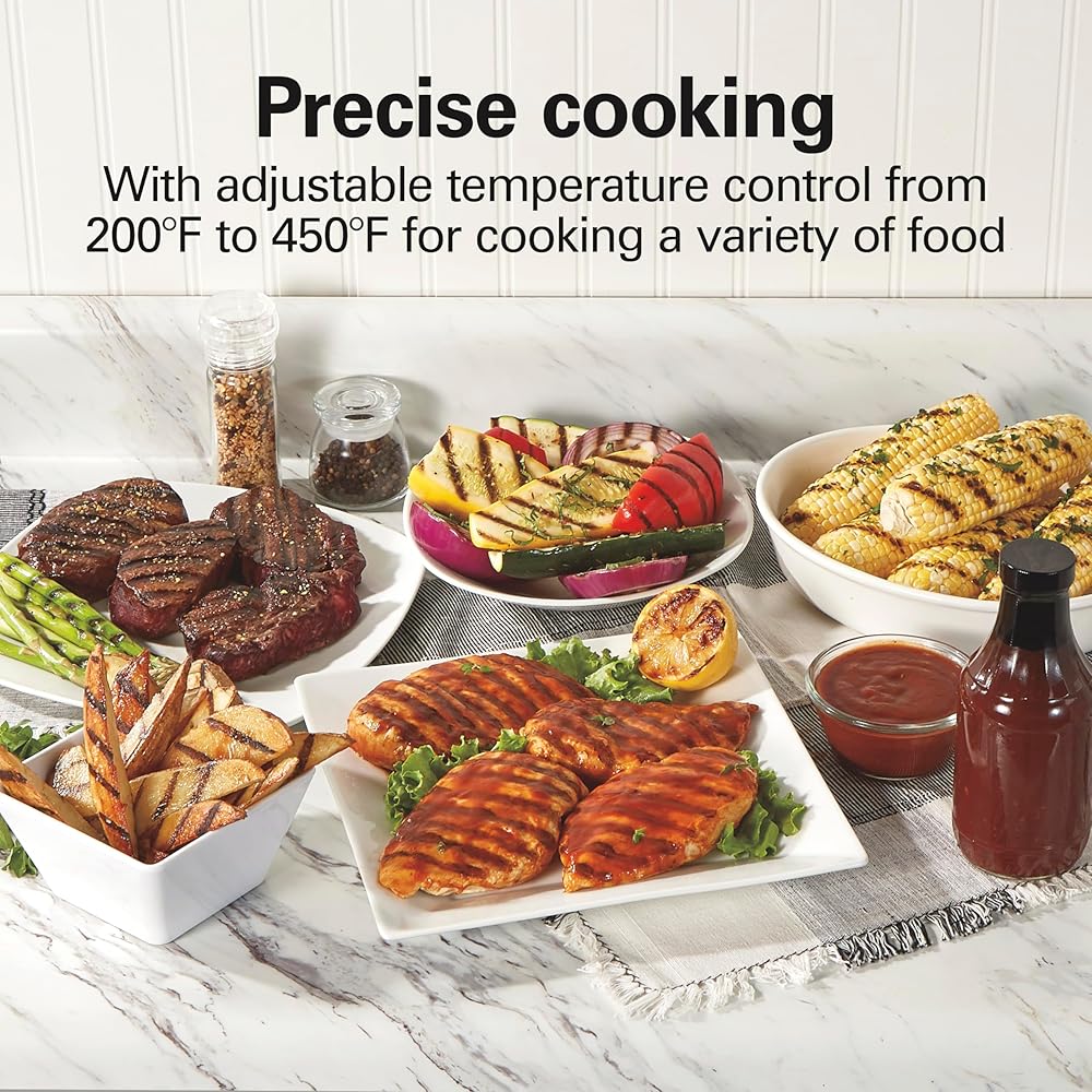 Hamilton Beach Electric Indoor Searing Grill with Viewing Window & Adjustable Temperature Control to 450F, 118 sq. in. Surface Serves 6, PFAS-Free Removable Nonstick Grate, Stainless Steel: Home & Kitchen