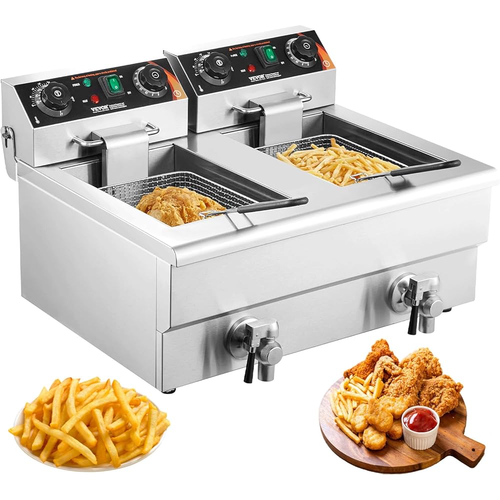 VEVOR Commercial Deep Fryer, Dual Tank 3000W Electric Countertop Fryer with Basket, 2 x 11.6Qt/11L Double Stainless Steel Oil Fryer with Drain, Time & Temp Control, for Kitchen Restaurant Use: Home & Kitchen