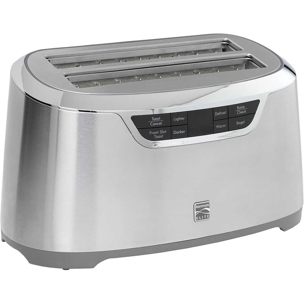 Kenmore Elite toaster 4 slice - long slot countertop kitchen appliance, tostadora de pan, front toast option, easy clean crumb tray, digital control, modern stainless steel design, bread bagel waffels: Home & Kitchen