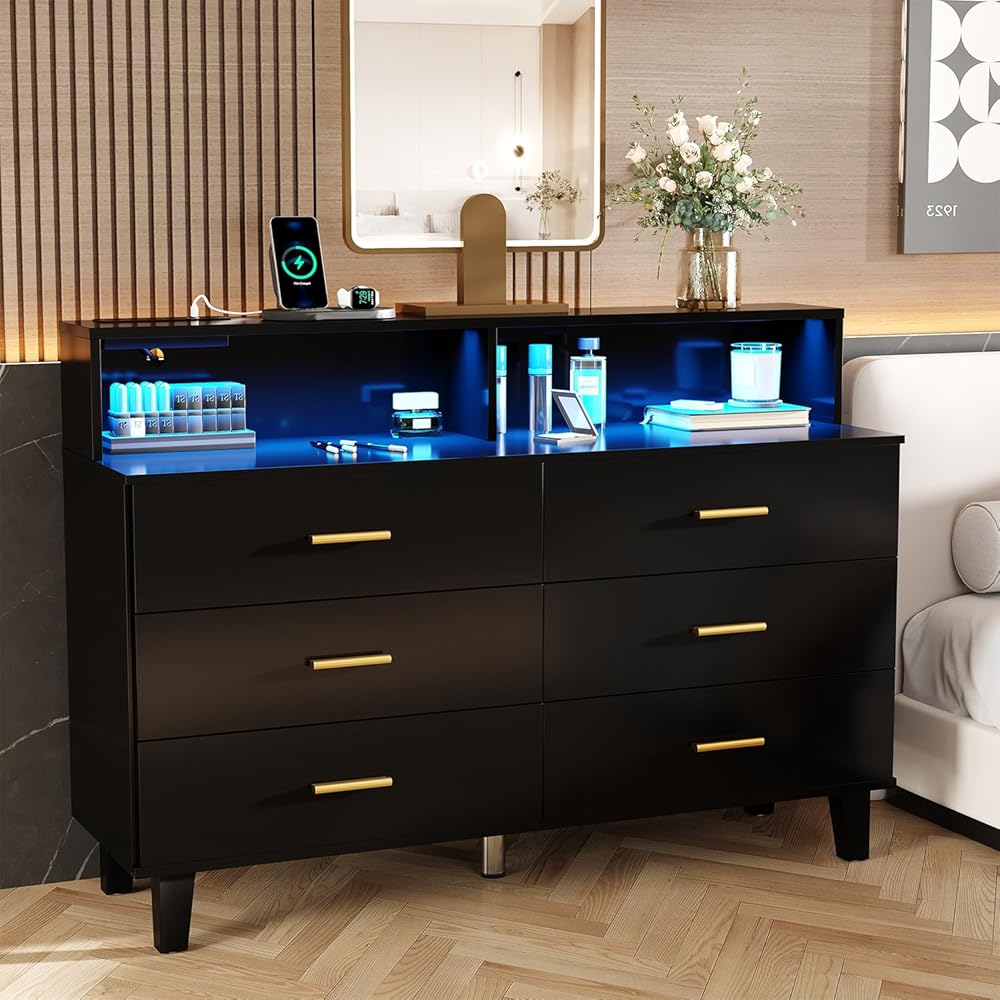 knoworld Black Dresser with LED Lights, 6 Drawer Dresser with Power Outlet for Bedroom, Large Wooden Chest of Drawers, Organizer Cabinet for Bedroom,Living Room,Hallway, Entryway : Home & Kitchen