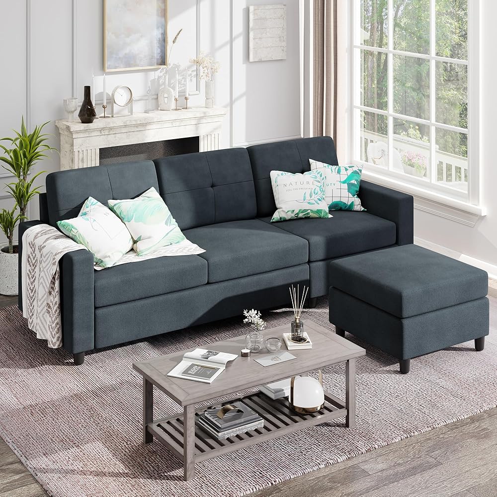 Shintenchi Upholstered Convertible Sectional Sofa for Living Room, 3 Seat L Shaped Couches with Storage Function Ottoman, Modern Linen Convertible Sofas with Reversible Chaise : Home & Kitchen