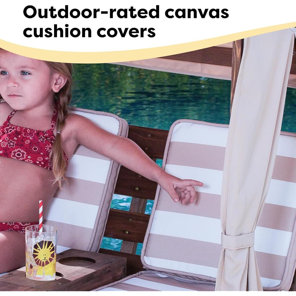 KidKraft Wooden Outdoor Double Chaise Lounge with Cup Holders, Patio Furniture for Kids or Pets, Espresso with Oatmeal and White Striped Fabric : Everything Else