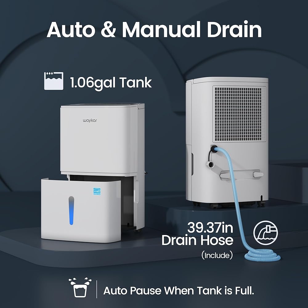- Waykar 80 Pints Energy Star Home Dehumidifier for Spaces up to 5,000 Sq. Ft at Home, in Basements and Large Rooms with Drain Hose, Handle, Auto Defrost and Self-Drying.