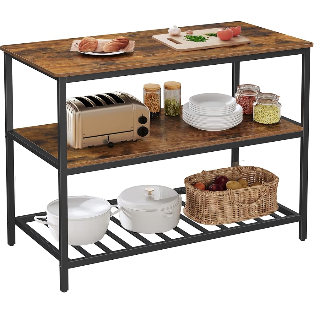 VASAGLE Kitchen Island with 3 Shelves, 47.2 Inches Width Kitchen Shelf with Large Worktop, Stable Steel Structure, Industrial, Easy to Assemble, Rustic Brown and Black UKKI01BX : Home & Kitchen