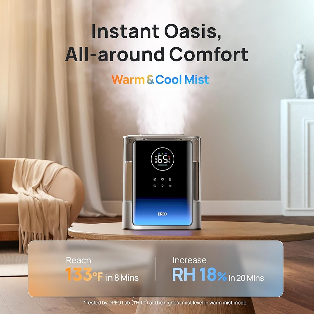 Dreo 8L Smart Humidifiers for Bedroom 600ft², 80H Runtime Warm&Cool Supersized Mist Humidifier for Large Room Indoor, Quiet Whole House humidifier for Baby, Plants, with Alexa/Google, Silver, HM717S