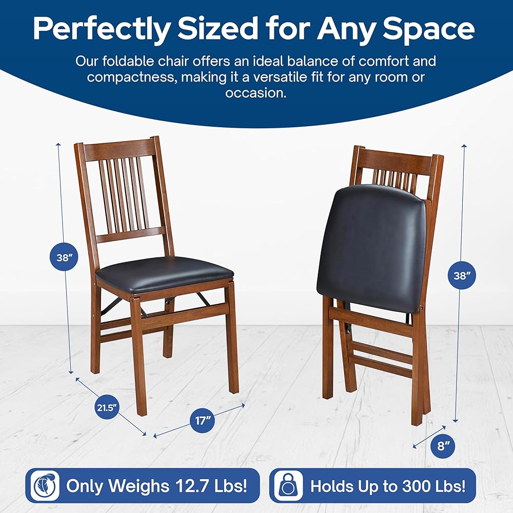 MECO Stakmore True Mission Wooden Folding Chairs with Padded Seats, Set of 2 - No Assembly Foldable Dining Chairs, Steel Folding Mechanism, Upholstered Cushion, Space-Saving, Fruitwood Frame : Home & Kitchen