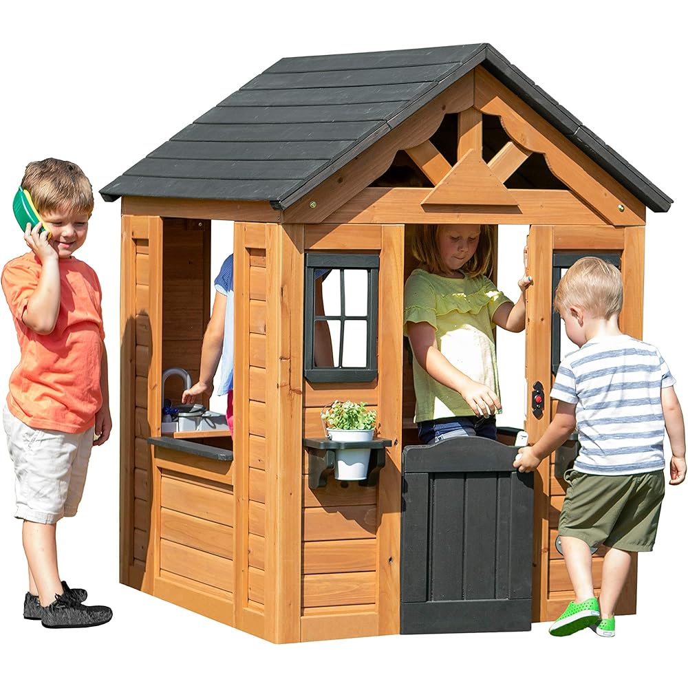 Backyard Discovery Sweetwater Cedar Wooden Kids Playhouse Cottage with Play Kitchen, Snack Bar, Half Door, Toy Phone, Windows, Flowerpot Holders, and Working Doorbell for Outdoor Imaginative Play : Toys & Games