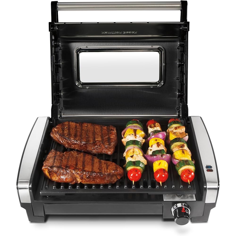 Hamilton Beach Electric Indoor Searing Grill with Viewing Window & Adjustable Temperature Control to 450F, 118 sq. in. Surface Serves 6, PFAS-Free Removable Nonstick Grate, Stainless Steel: Home & Kitchen