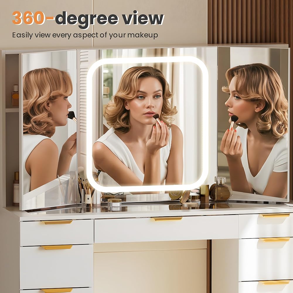 Pamapic 11 Drawers Vanity Desk with Foldable Mirror, Glass Top Makeup Vanity with LED Lights, 3 Lighting Modes, Golden Handles Dressing Table with Chair and Power Outlet : Home & Kitchen