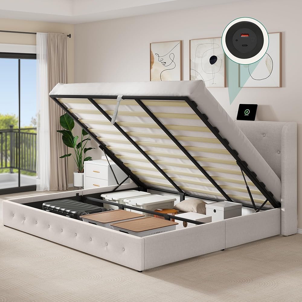 DWVO King Lift Up Storage Bed Frame with Charging Station,Upholstered Platform Bed with Hydraulic Storage & Safe Lock, No Box Spring Needed,Beige