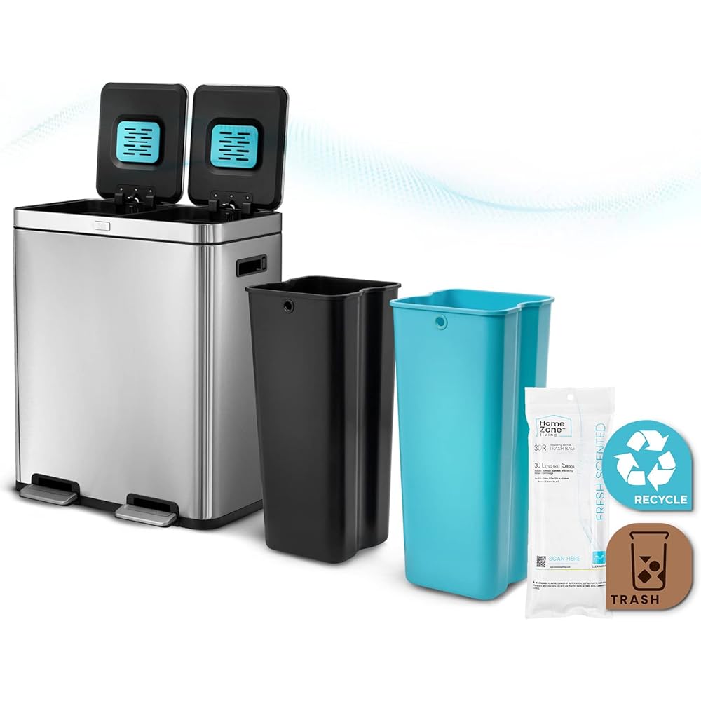 Home Zone Living 16 Gallon Kitchen Trash Can with Dual Compartments for Recycling, CleanAura Odor Control, Stainless Steel, Silver, 60 Liters Total : Home & Kitchen