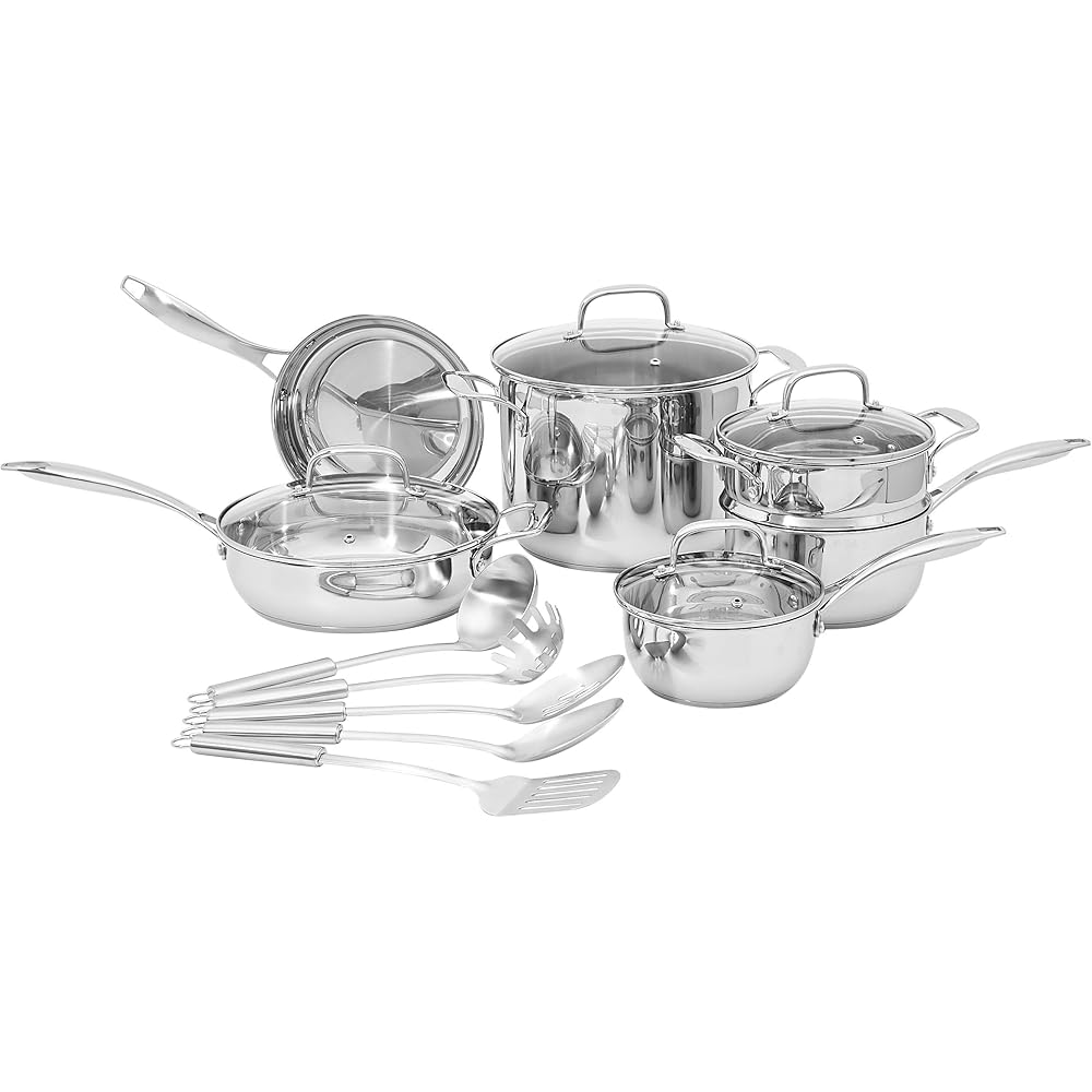 Amazon Basics Stainless Steel Cookware 15-Piece Set, Oven Safe, Pots and Pans, Induction-Ready, Even Heating, Easy to Clean, Heavy Duty, Silver: Home & Kitchen