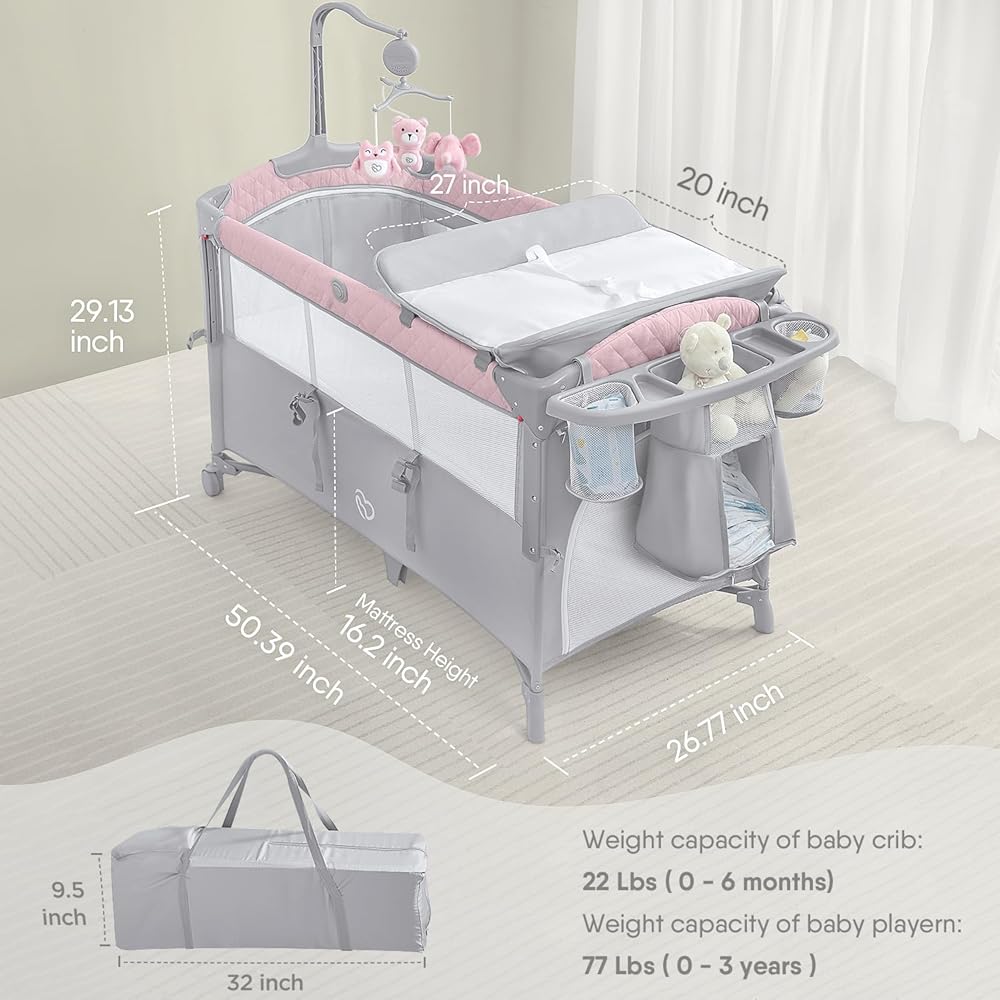 : ADOVEL Baby Bassinet Bedside Crib, Pack and Play with Mattress, Diaper Changer and Playards from Newborn to Toddles, Pink : Baby
