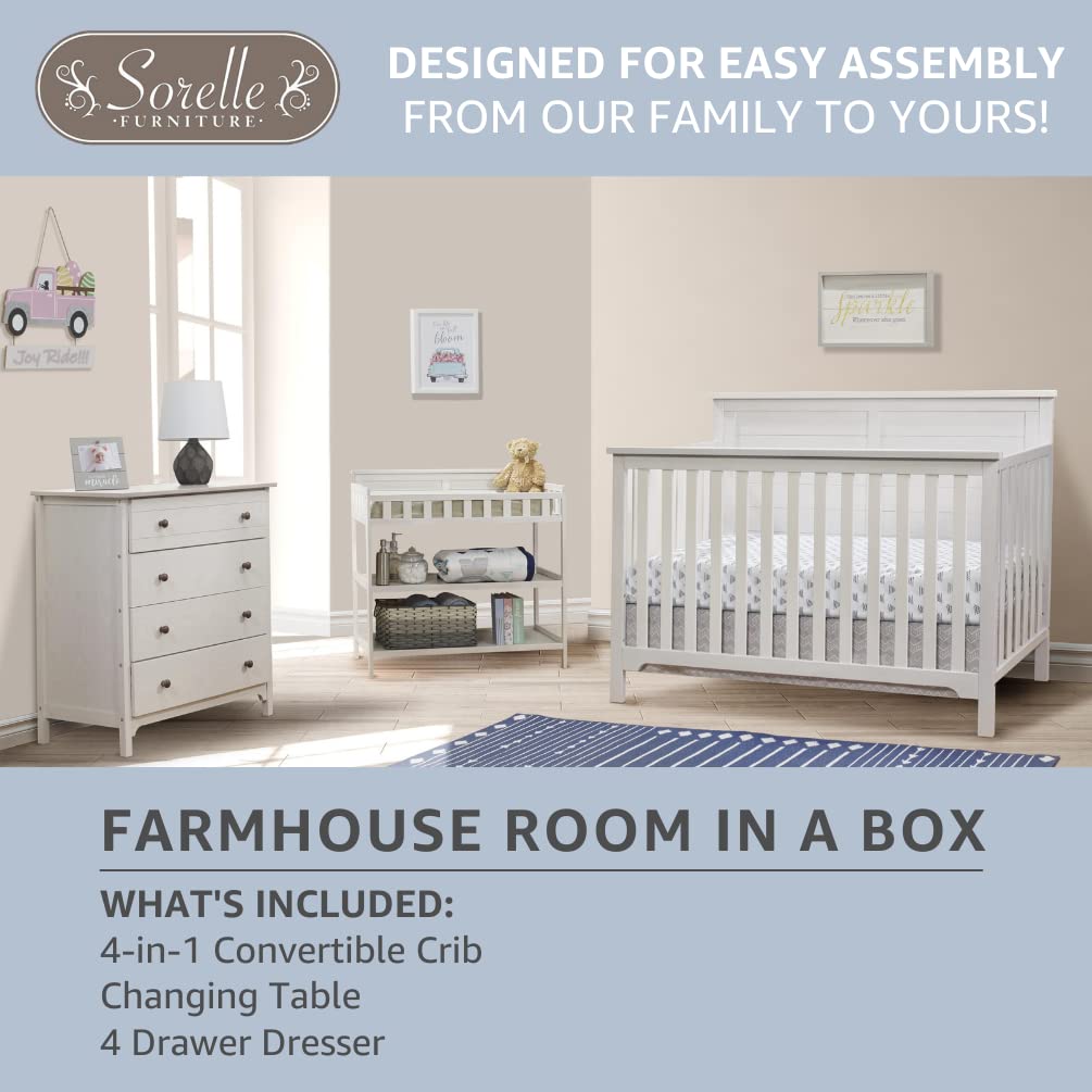 : Sorelle Furniture Farmhouse 3-Piece Nursery Set with 4-in-1 Convertible Crib, 4-Drawer Dresser, and Changing Table with Shelves, Baby Furniture Made of Wood, Non-Toxic Finish-Weathered White : Baby