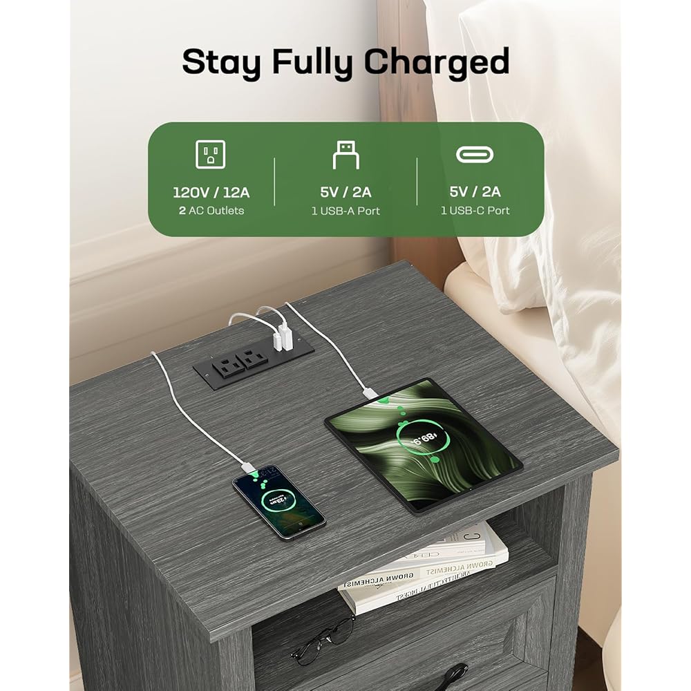 Marsail Farmhouse Nightstand with Charging Station, Bedside Table with 2 Drawers Storage and Open Shelf, Bedside Cabinet for Bedroom, Rustic Side Table, Gray