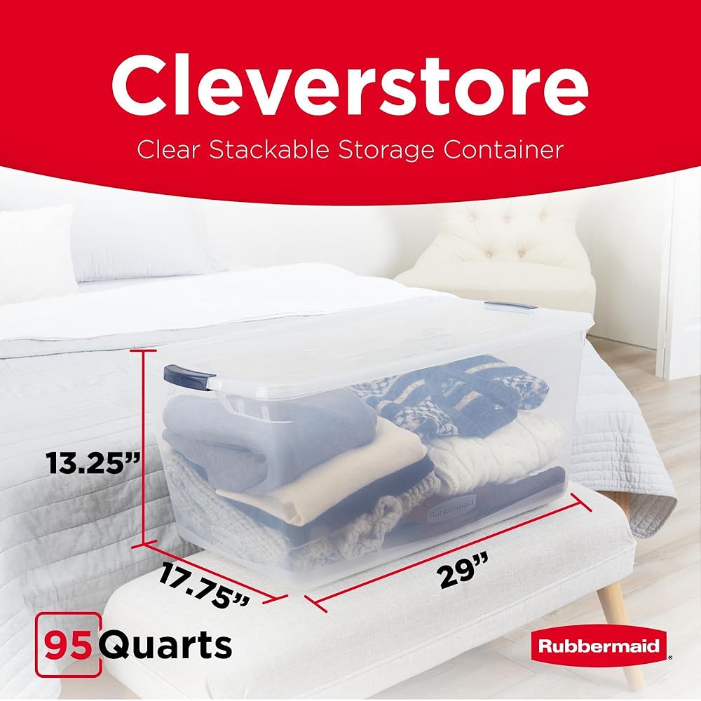 Rubbermaid Cleverstore 95 Qt Clear Storage Bins with Lids, 4-Pack, Stackable, BPA-Free, Made in USA : Industrial & Scientific