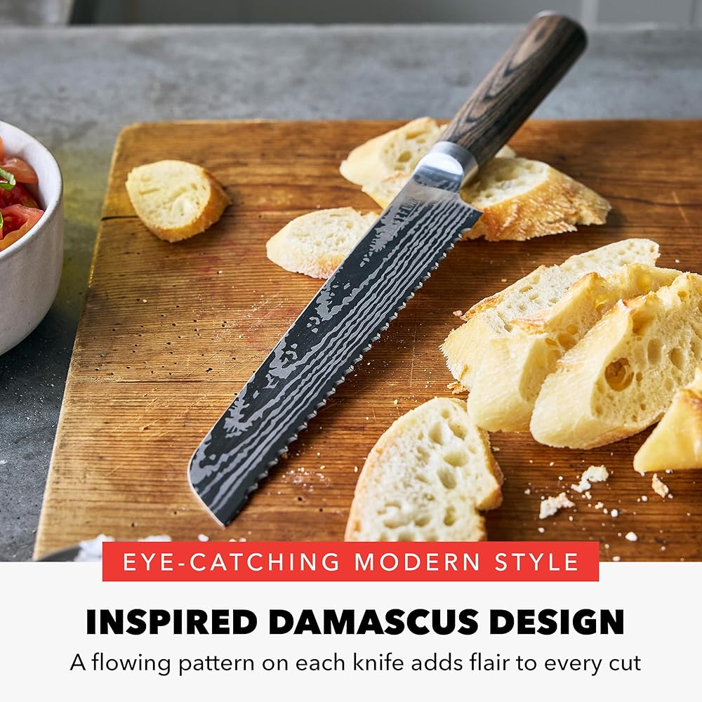 GreenPan x Bobby Flay 13 Piece Stainless Steel Cutlery Kitchen Knife Block Set, Premium Stainless Steel Blades, Acacia Wood Knife Block, Hand Finished Ergonomic Wood Handle, Damascus Steel Design: Home & Kitchen