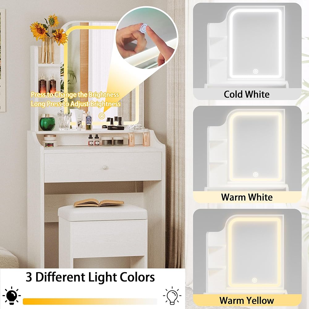 LIKIMIO Small Makeup Vanity Desk with Mirror and Lights, Vanity Table Set with Storage Drawer, Chair and Three Shelves, Bedroom, White : Home & Kitchen