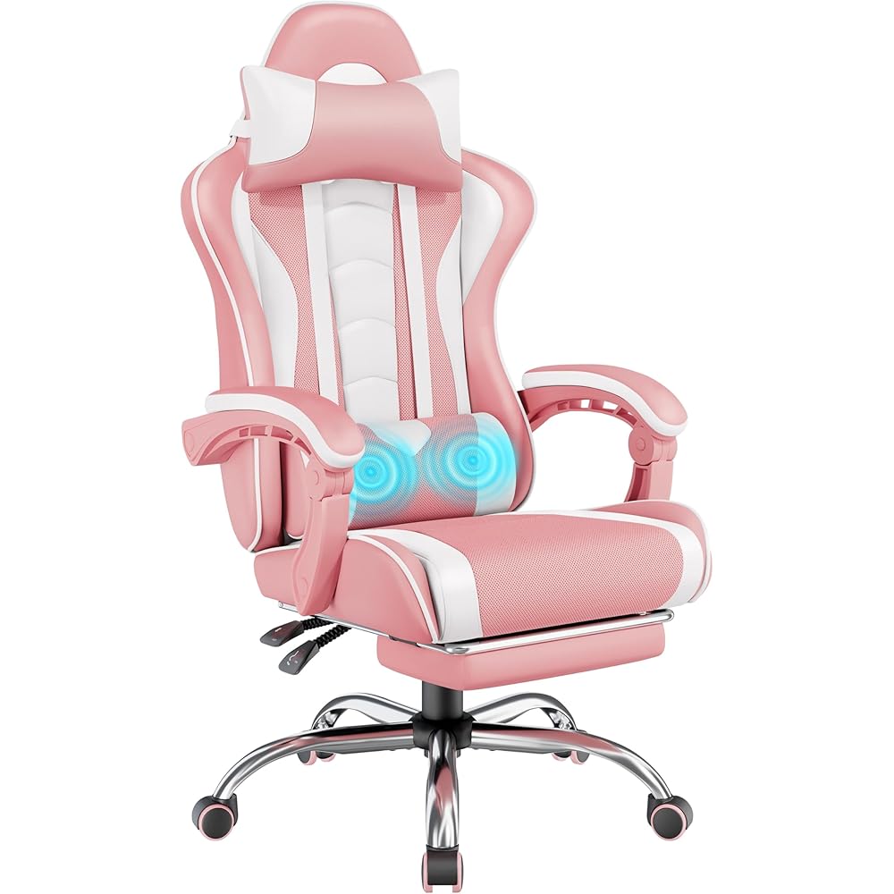 Yaheetech Gaming Chair, Video Game Chair with Massage Lumbar Support and Footrest Height Adjustable Ergonomic Computer Chair with Swivel Seat and Headrest, Pink/White : Home & Kitchen