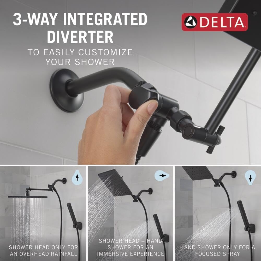 Delta 75527 Universal Showering 1.75 GPM Single Function Modern Rain Shower Head and Hand Shower Combo with Adjustable Extension Arm and Touch-Clean Nozzles - Matte Black