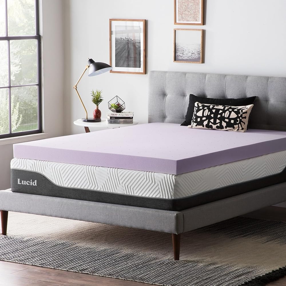 Lucid 4 Inch Lavender Infused Memory Foam Mattress Topper - Ventilated Design – Pressure Relieving Bed Topper - Mattress Pad – CertiPur Certified - Twin XL Size : Home & Kitchen