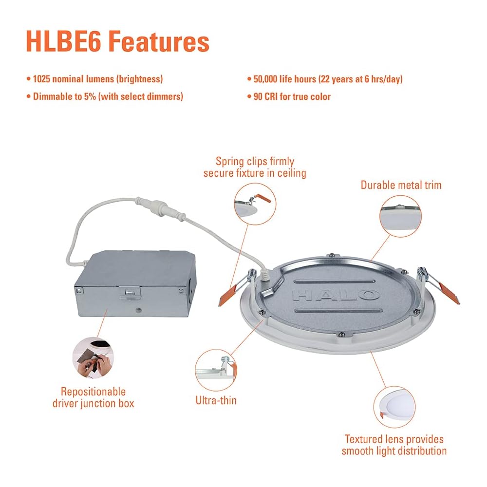 HALO HLBE 6-Inch Slim Canless Recessed Downlight for New Construction/Remodel - Contractor 24-Pack -