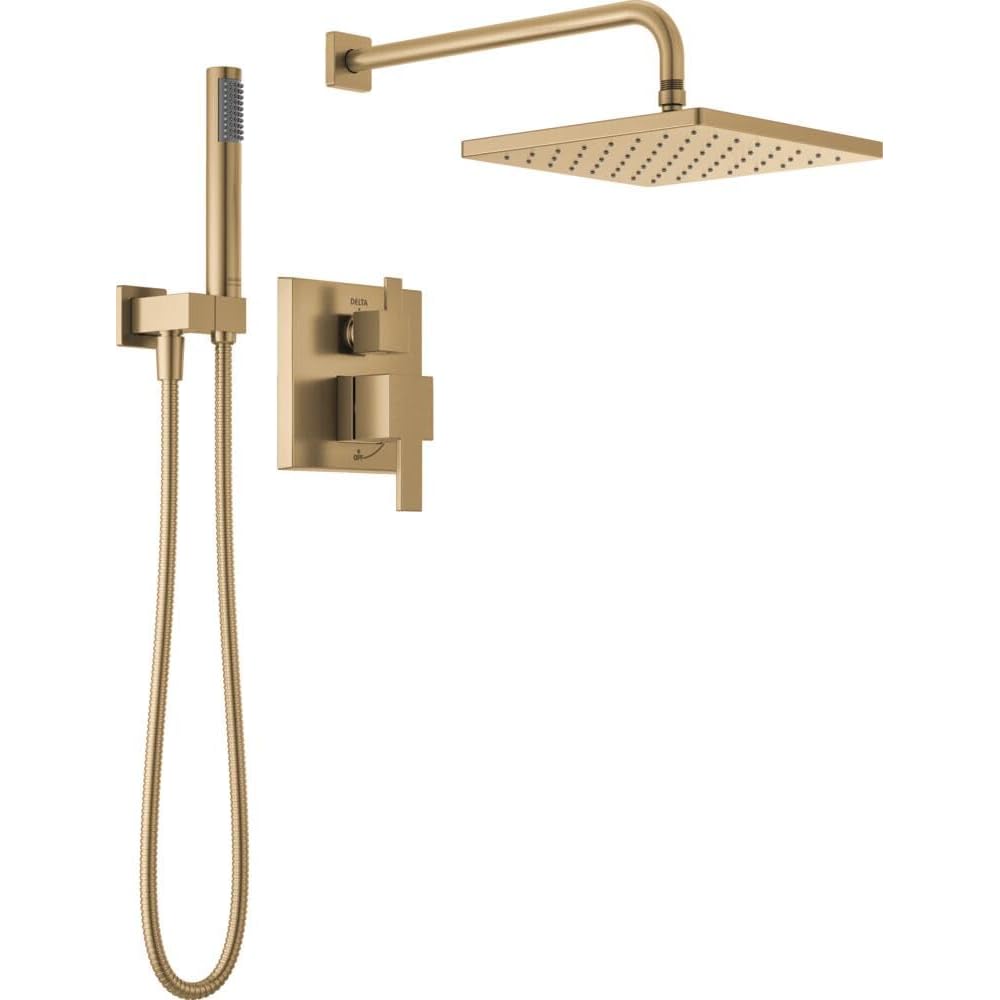 Delta Modern 14 Series Square Rain Shower System Faucet Set, Rainfall Brushed Gold Shower Head and Handle Set, Valve Trim Kit, 10 Inch, Champagne Bronze 342701-CZ -
