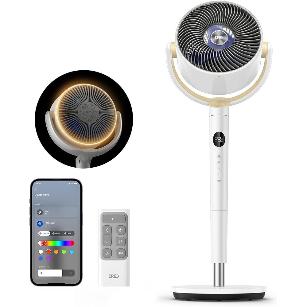 Dreo Smart Fan for Bedroom, 120° +120° Omni-Directional Oscillating Fans, 90ft Quiet Pedestal Fan with RGB Light, 9 Speeds, 6 Modes, 20dB, 8H Timer, Wi-Fi/Voice/Alexa, 37-42
