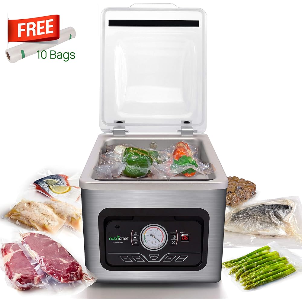 NutriChef 350W Vacuum Sealer Machine - 8L Chamber Commercial Food Sealer, Automatic Meat Packing and Sous Vide System with Digital Control, Includes Vacuum Roll Bags : Home & Kitchen
