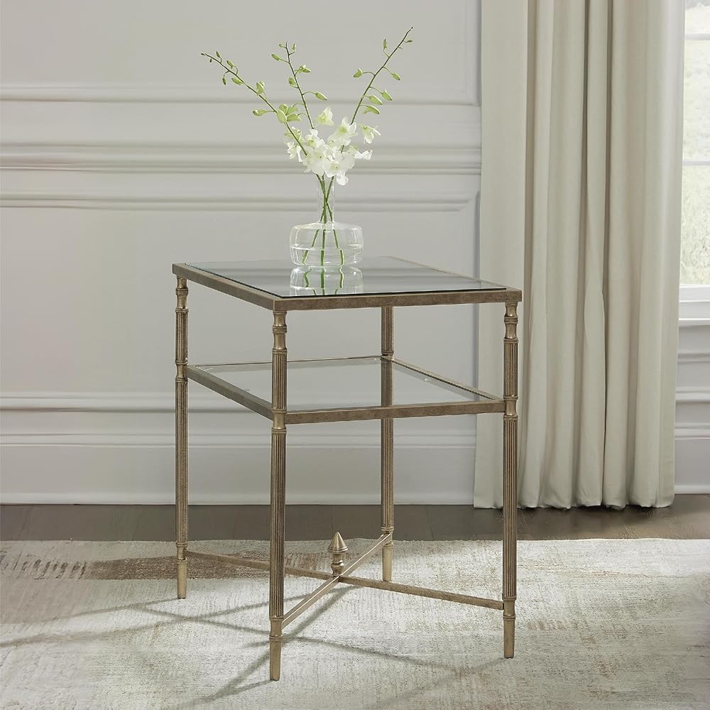 Signature Design by Ashley Cloverty Industrial Mirror-Tabletop End Table with Round Legs and Glass Shelf, Metallic : Home & Kitchen