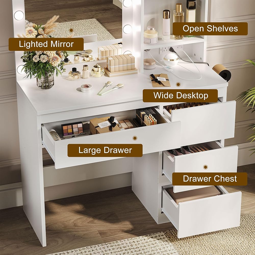 Decofy Vanity Desk with Mirror and 12 LED Lights, Makeup Vanity Table with Charging Station, 4 Drawers and Hairdryer Holder, Padded Stool with Storage, White : Home & Kitchen