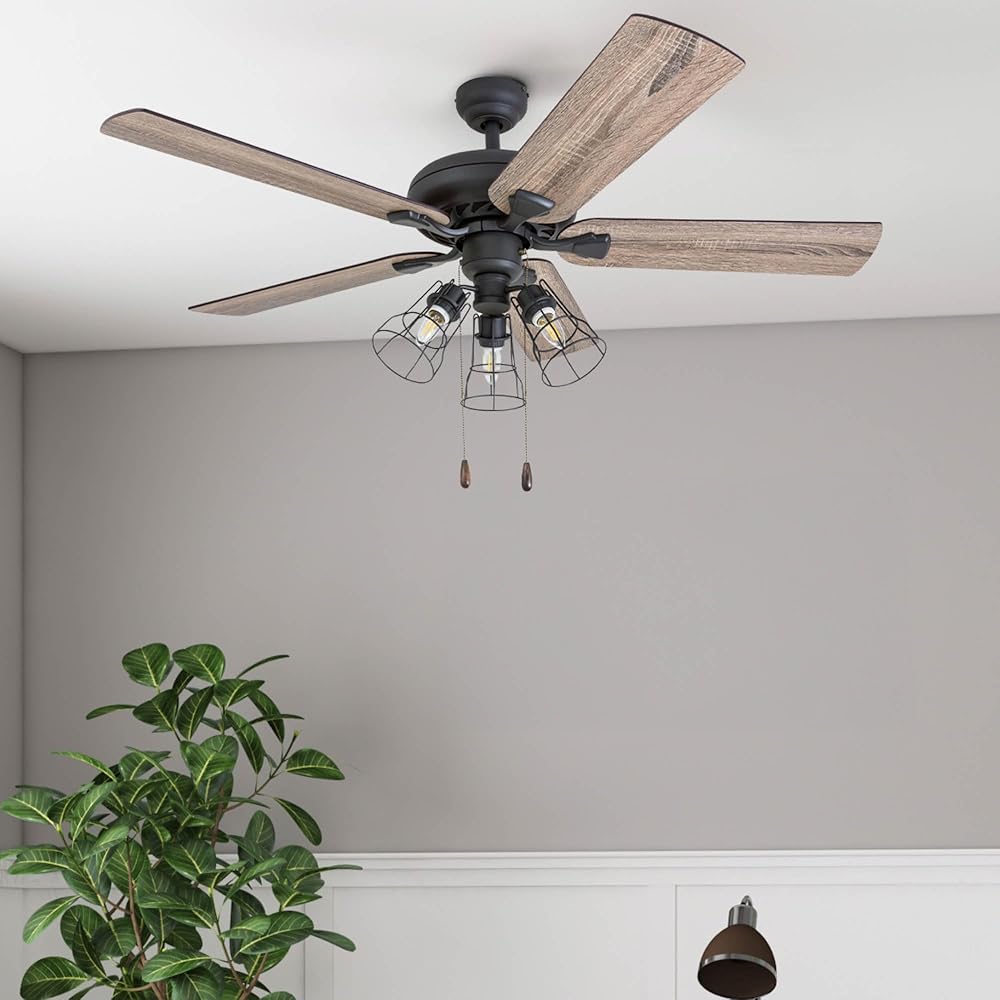 Prominence Home Lincoln Woods, 52 Inch Industrial Style LED Ceiling Fan with Light, Pull Chain, Three Mounting Options, 5 Dual Finish Blades, Reversible Motor - 50581-01 (Bronze) -