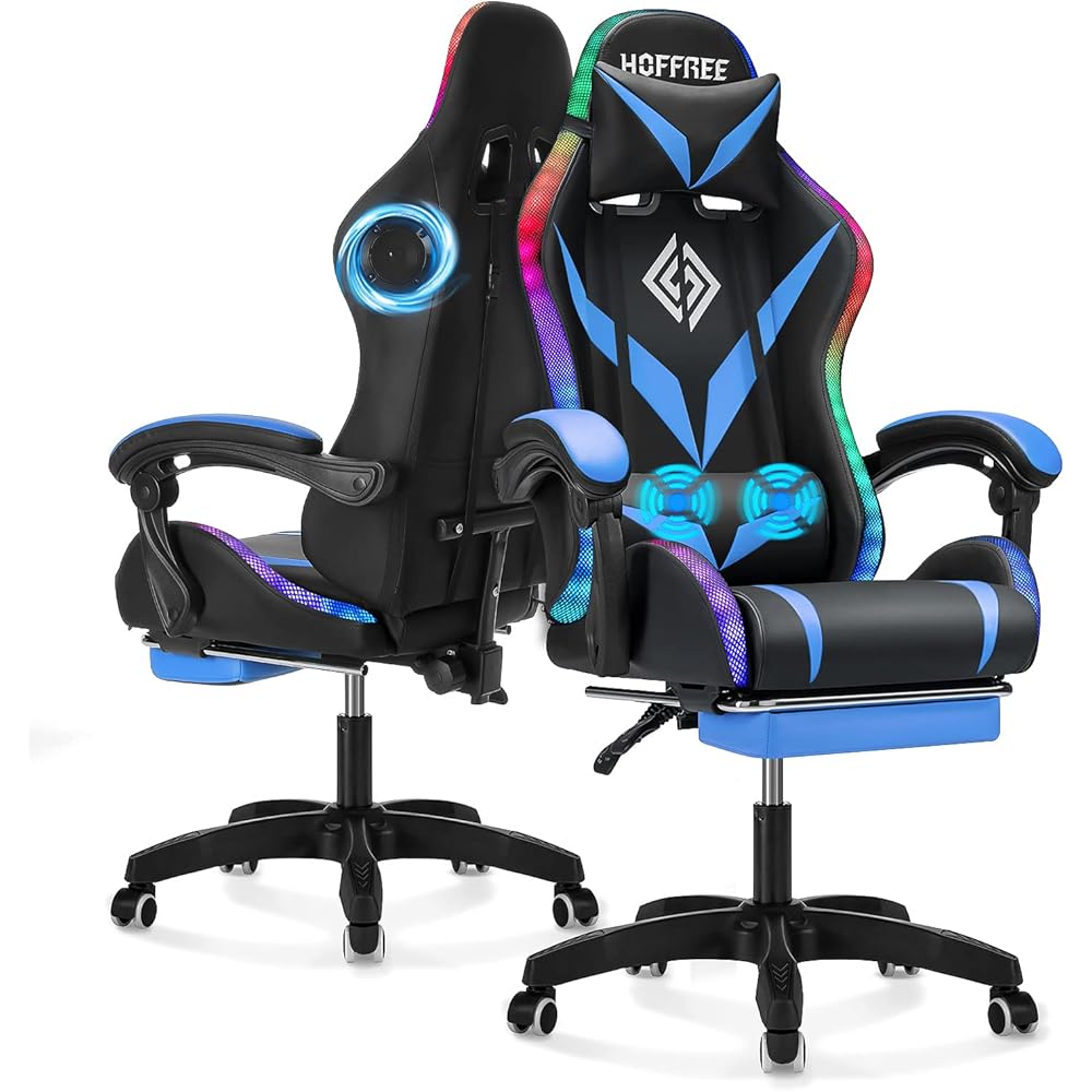 Gaming Chair with Bluetooth Speakers and RGB LED Lights Ergonomic Massage Computer Gaming Chair with Footrest Video Game Chair High Back with Lumbar Support Blue and Black : Home & Kitchen