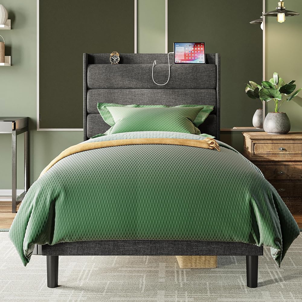 LIKIMIO Twin XL Bed Frames, Storage Headboard with Outlets, Sturdy and Stable, No Noise, No Box Springs Needed, Dark Gray : Home & Kitchen