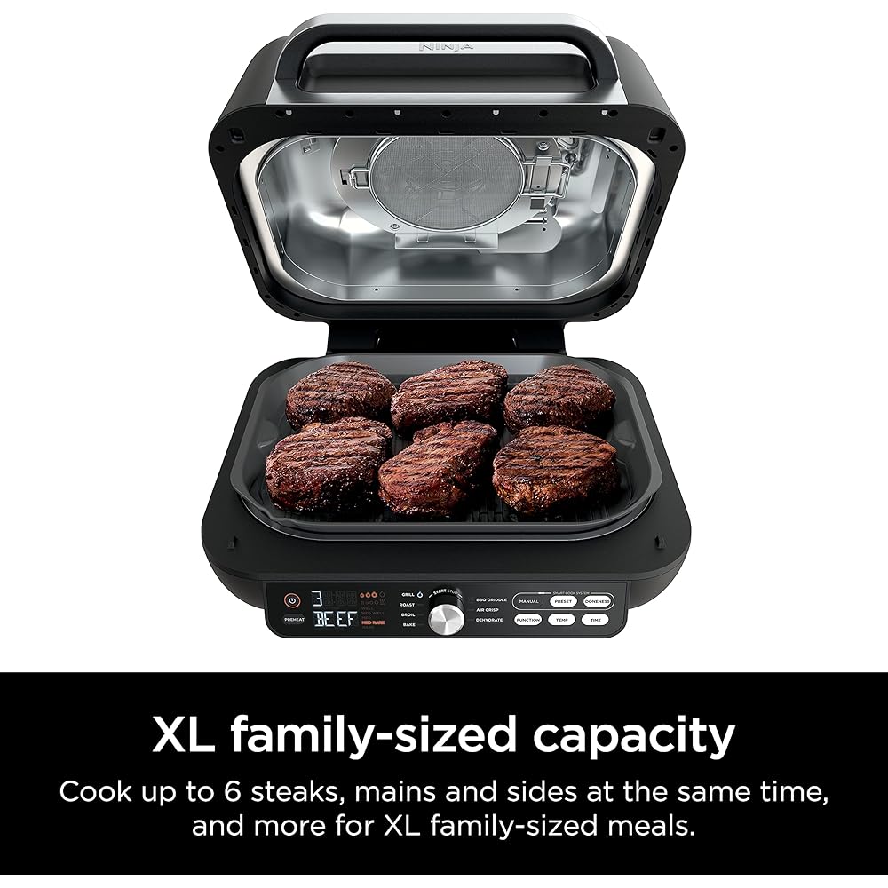 Ninja IG651 Foodi Smart XL Pro 7-in-1 Indoor Grill/Griddle Combo, use Opened or Closed, Air Fry, Dehydrate & More, Pro Power Grate, Flat Top, Crisper, Smart Thermometer, Black: Home & Kitchen