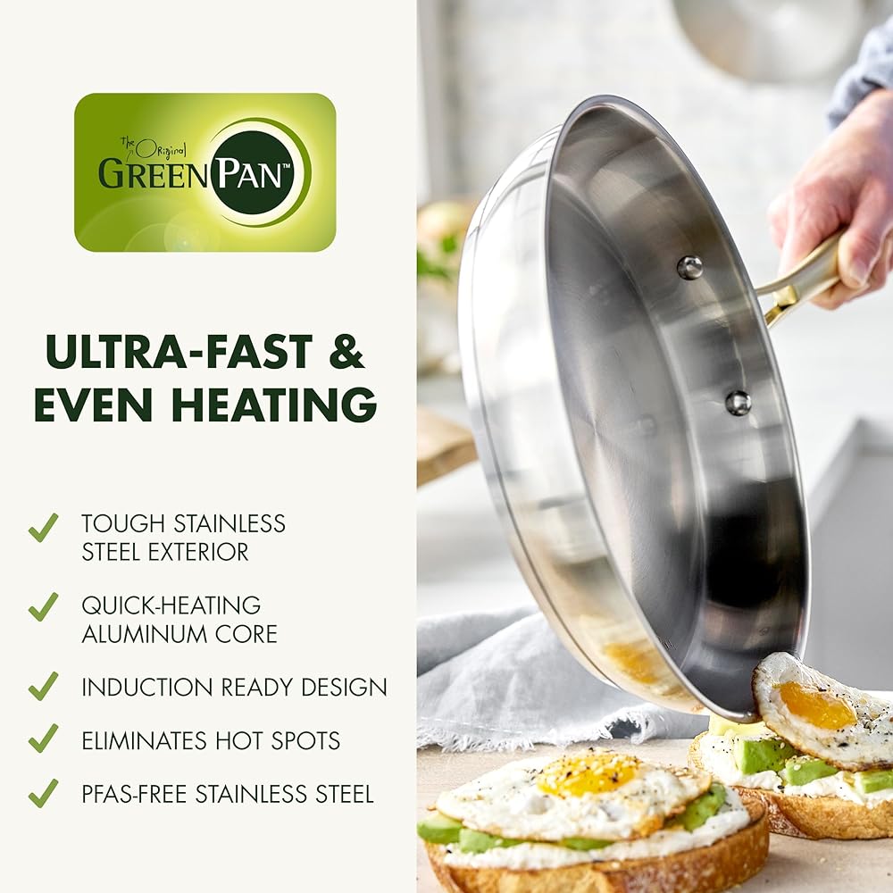 GreenPan 11 Piece Stainless Steel Cookware Set, Induction Ready, Tri-Ply Multiclad Pots & Pans with Lids, Compatible on All Cooktops, Measurement Markings, Dishwasher & Oven Safe, Swift, Gold Handles: Home & Kitchen