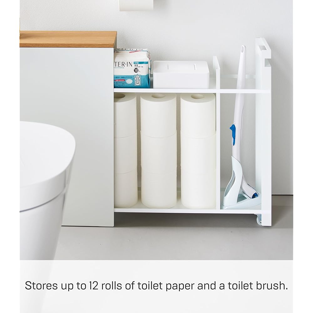 Yamazaki Home Tower Pull-Out Bathroom Storage Cabinet – Slim Bathroom Organizer with Wood Top - Steel + Wood - Holds Up to 12 Rolls of Toilet Paper and A Toilet Brush