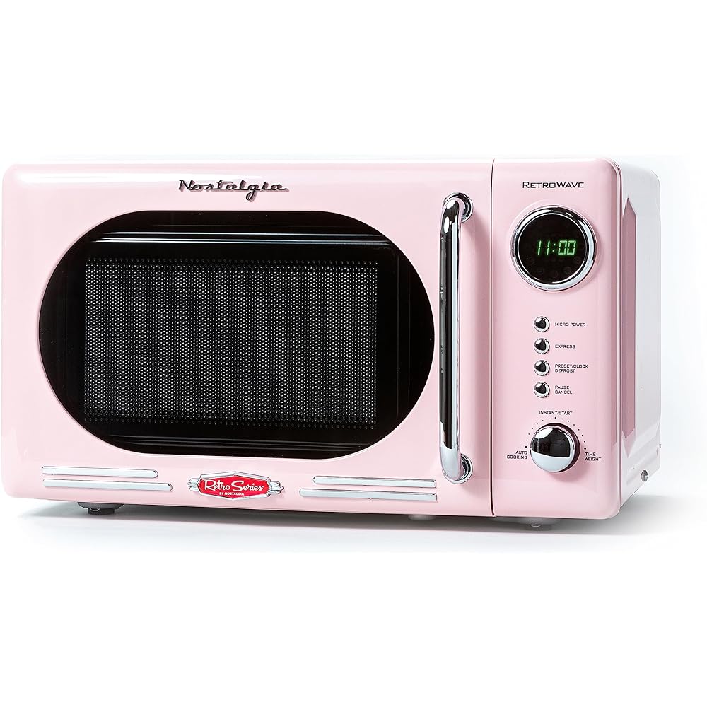 Nostalgia Retro Compact Countertop Microwave Oven 0.7 Cu. Ft. -700-Watts with LED Digital Display-Child Lock-Easy Clean Interior-Pink