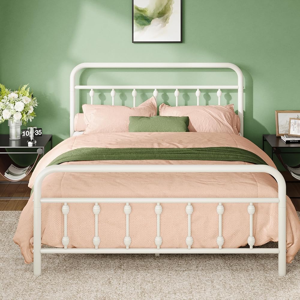 Allewie 14 Inches Queen Size Metal Platform Bed Frame with Victorian Style Iron-Art Headboard/Footboard, Mattress Foundation, Easy Assembly, Under Bed Storage, No Box Spring Required, White : Home & Kitchen
