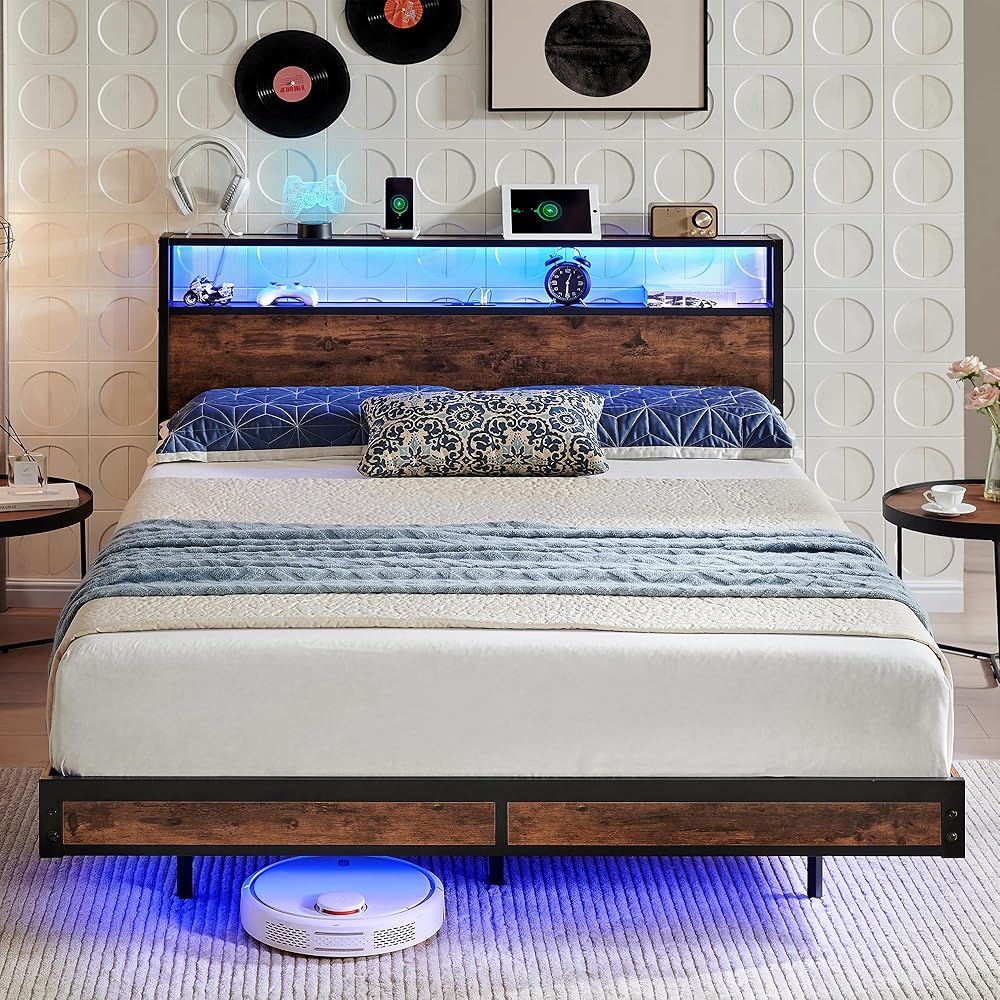 BedsPick Queen Size Bed Frame with 2-Tier Storage Headboard, Sturdy Metal Platform Bed Frame with Charging Station & LED Lights, Noise-Free/Metal Support/No Box Spring Needed, Rustic Brown : Home & Kitchen
