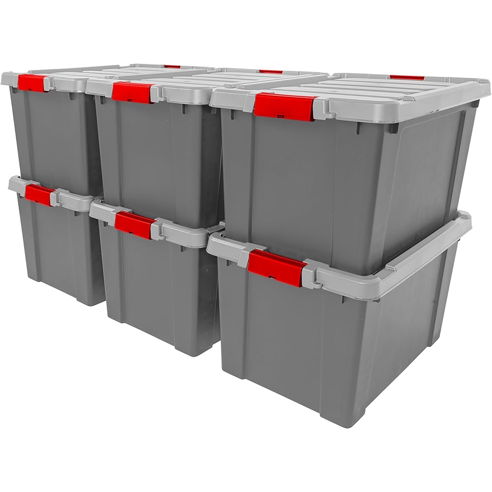 IRIS USA 20 Gallon Lockable Storage Totes with Lids, 6 Pack - Gray, Heavy-Duty Durable Stackable Containers, Large Garage Organizing Bins Moving Tubs, Rugged Sturdy Equipment Utility Tool Box