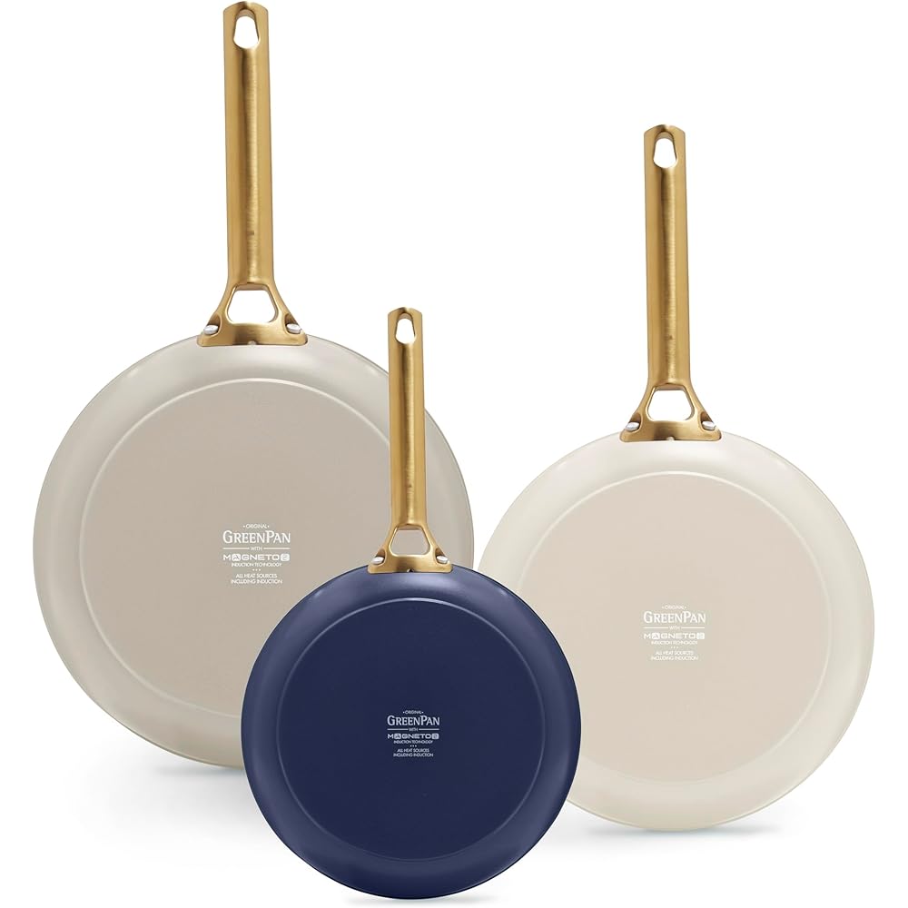 GreenPan 3 Piece Frying Pan Set, Induction Compatible 8” 10” & 12” Skillets, Ceramic Nonstick PFOA & PFAS-Free, Hard Anodized, Gold Handles, Dishwasher and Oven Safe, Navy, Taupe, Cream: Home & Kitchen