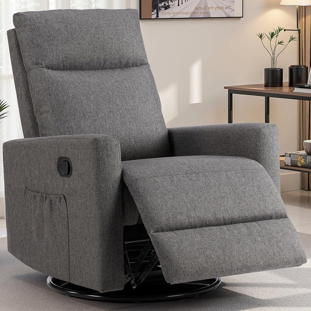 Swivel Rocking Recliner Chair with Extra Large Footrest High Back, Upholstered Glider Nursery Chair for Living Room, Bedroom & Nursery, Comfortable Deep Seat for Relaxation, Grey : Home & Kitchen